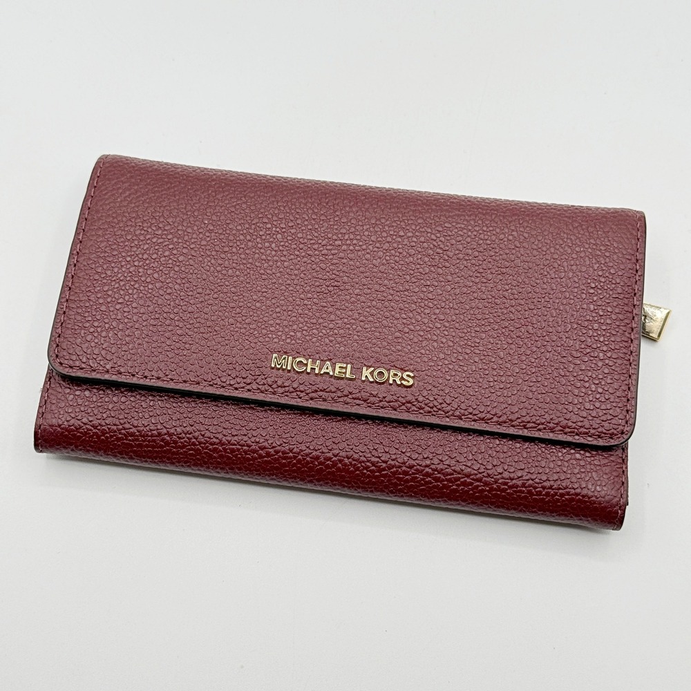 Michael Kors Adele Slim Flap Wallet Burgundy Pebbled Leather Gold Hardware OS